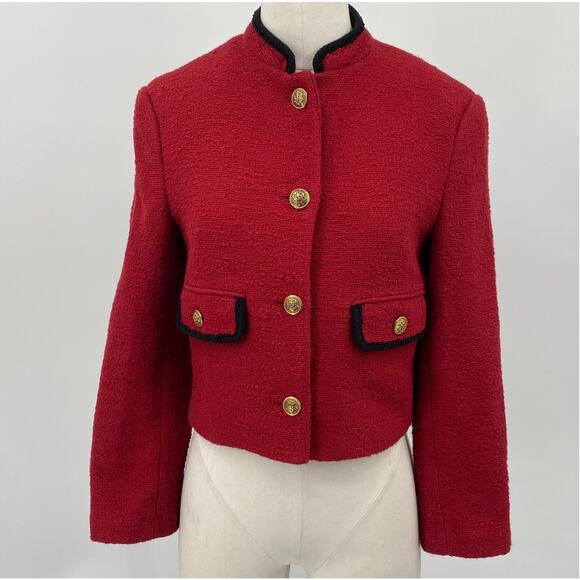 Zara Tweed Blazer Single Breasted High Collar Crest Buttons Down Red Womens XS - Picture 2 of 9